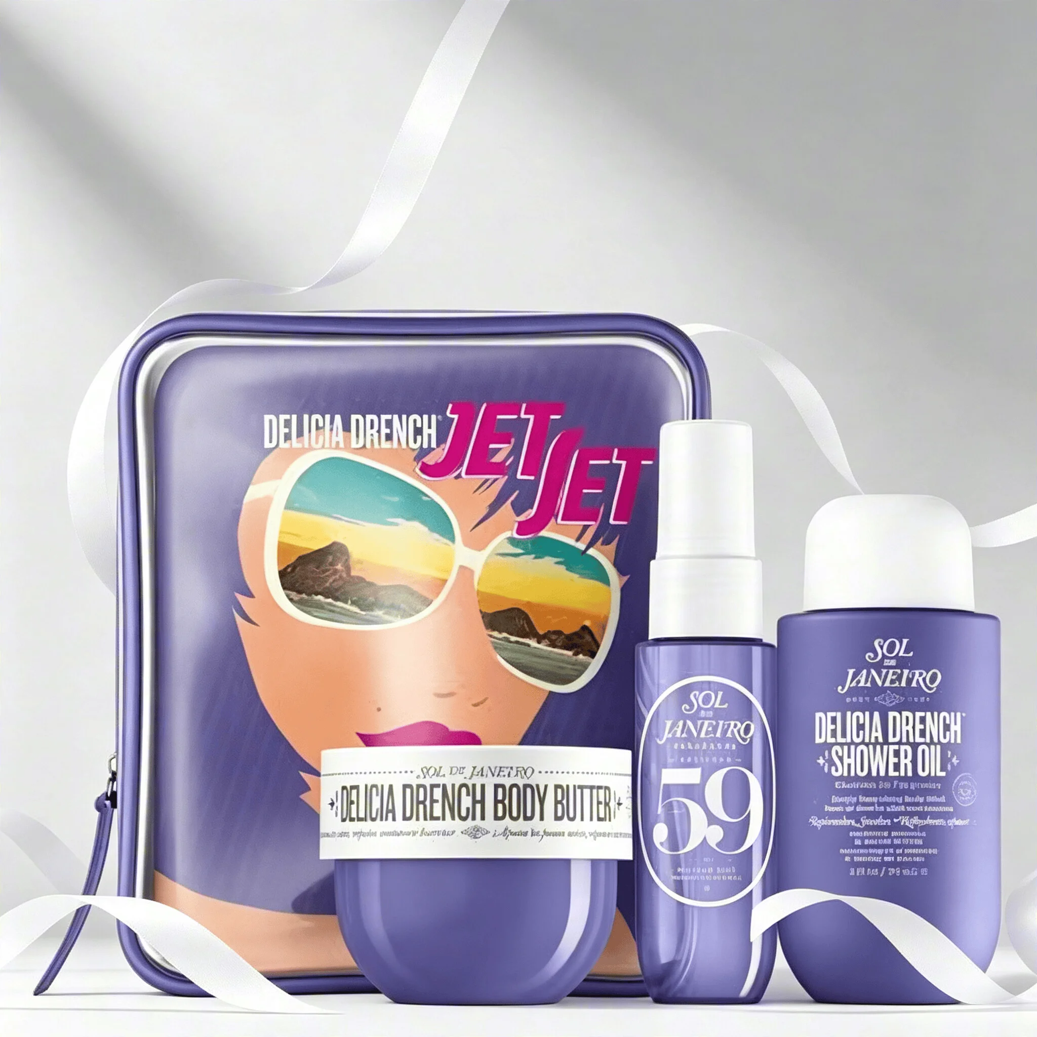 Sol de Janeiro Delicia Drench Jet Set Travel Perfume Gift Set For Women Cheirosa 59 Juicy Passion Fruit Vanilla Soft Gourmand Scent Portable Mini Body Perfume Deep Moisturizing Body Butter Cleansing Shower Oil Complete Purple Vintage Storage Bag Perfect T view 4