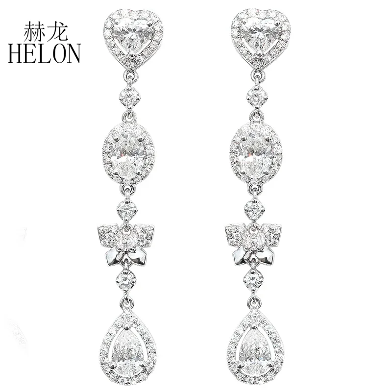 HELON Solid 14k AU585 White Gold Heart Shaped Natural Diamond Stud Earrings Women Long tassel Earrings Classic Luxury Jewelry