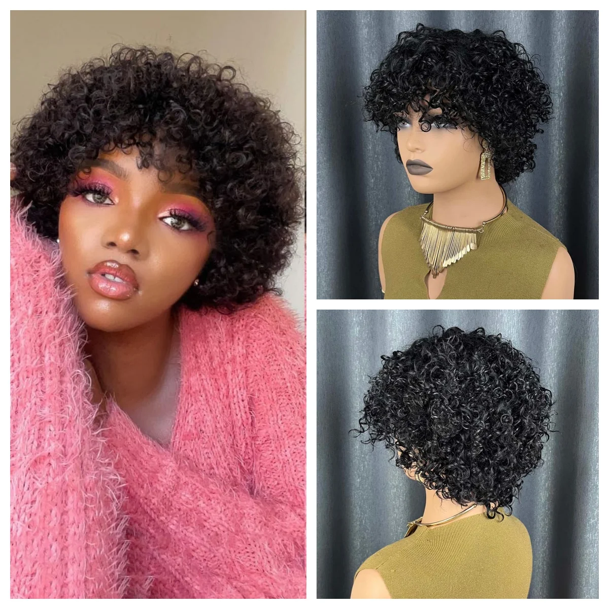 앞머리가 있는 짧은 인모 가발, 흑인 여성용 워터 웨이브 밥 가발, 레미 인모 기계 제작 곱슬머리 가발, 데일리용
