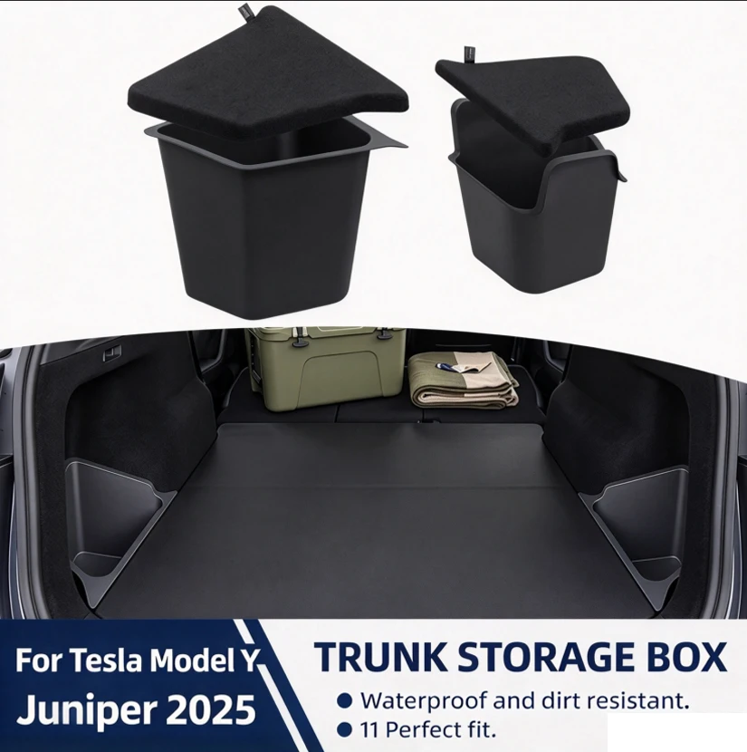 For Tesla Model Y Juniper 2026 Rear Trunk Side Storage Box Cargo Organizer TPE Bin Box Flocking Mat Partition Board Accessories