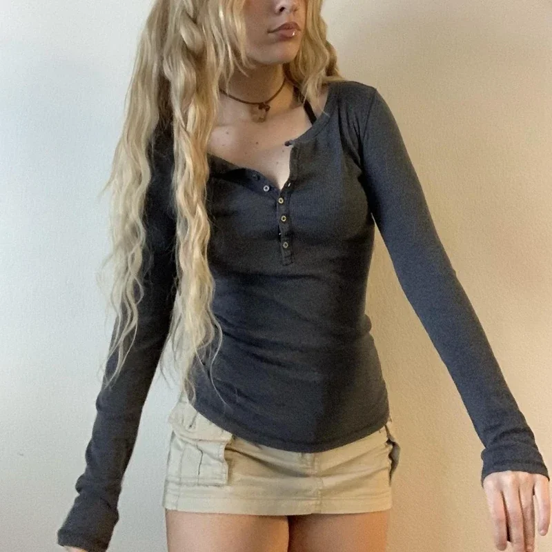 

Y2K Женский базовый укороченный топ Fairy Grunge с длинными рукавами и пуговицами, облегающая коричневая футболка в стиле Харадзюку, эстетичная футболка 2000-х годов, винтажная уличная одежда