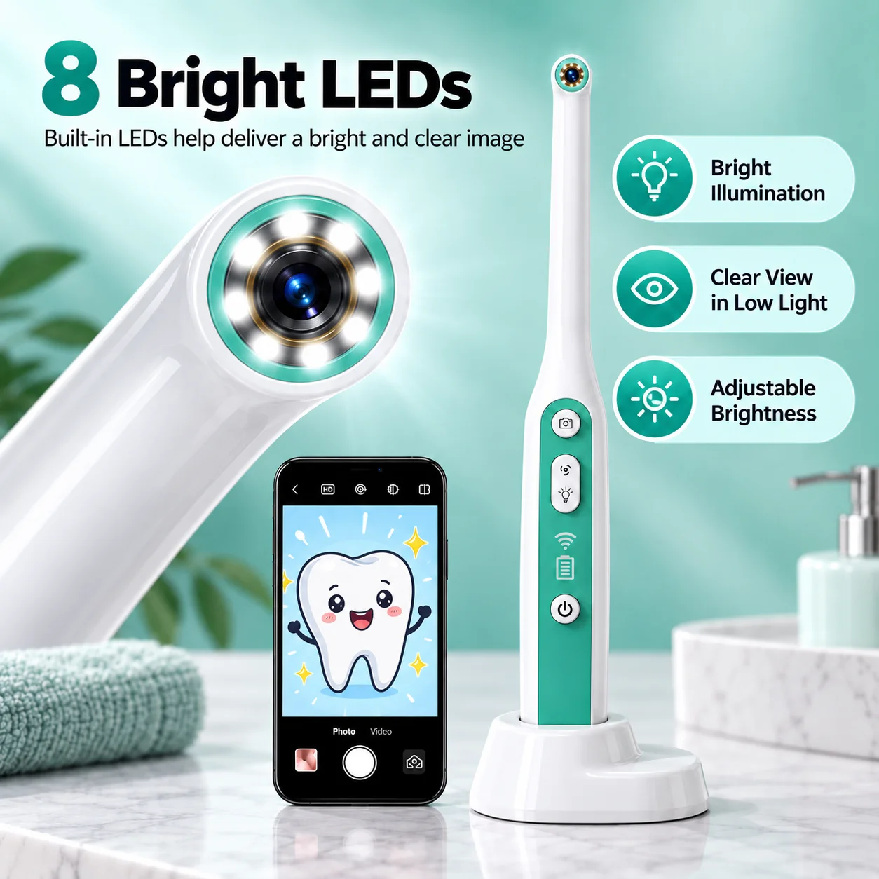 2MP WiFi Mouth Ear Nose Camera With 8 LED Lights IP67 Waterproof Lens USB Charging Base Real Time Phone Viewing for Health Care