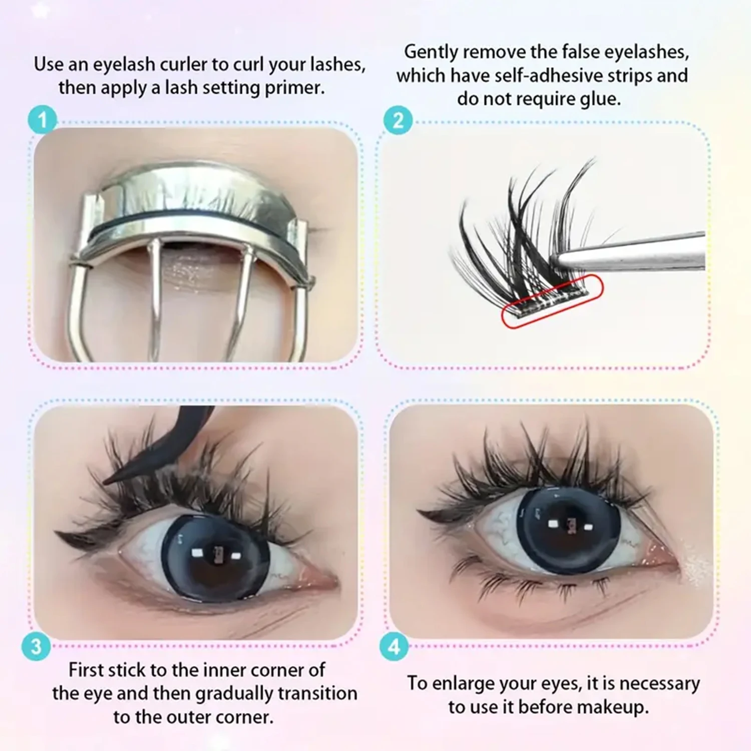 Pestañas autoadhesivas Pestañas postizas autoadhesivas de 11-12 mm Ojo de gato esponjoso y grueso Aspecto natural 120 piezas Juego de pestañas prensadas tenues con pinzas Reutilizables para uso de prueba de principiantes