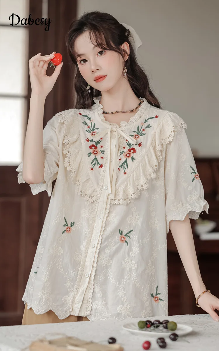 Vintage Lolita Ruffles Embroidery Cotton Shirt Women Summer Japan Mori Girl Lace-up Puff Sleeve Blouse Sweet Kawaii Casual Tops