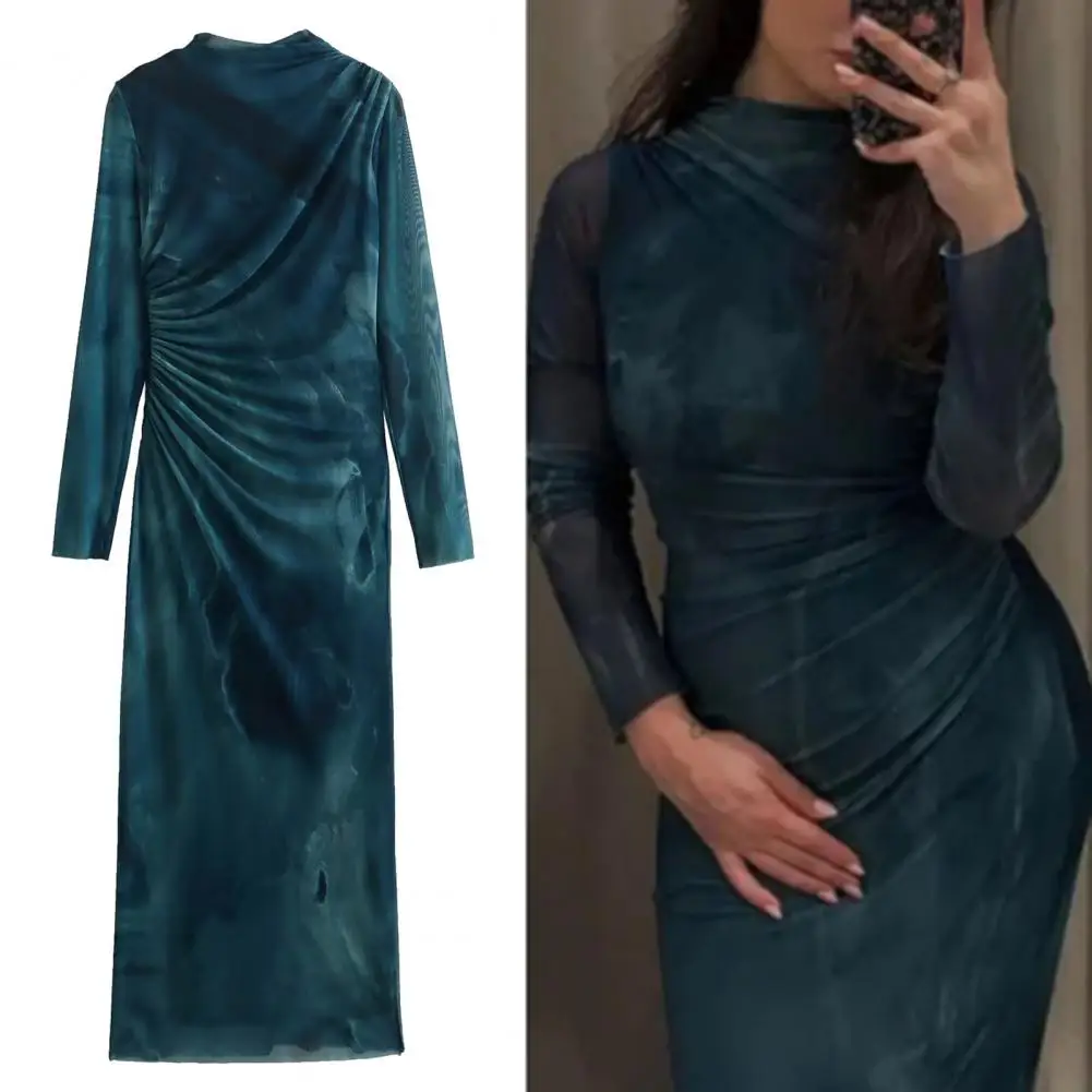 

Women Casual Dress Knitted Fabric Midi Dress Elegant Pleated Midi Dress for Women with Slim Fit Half-high Collar Solid Color