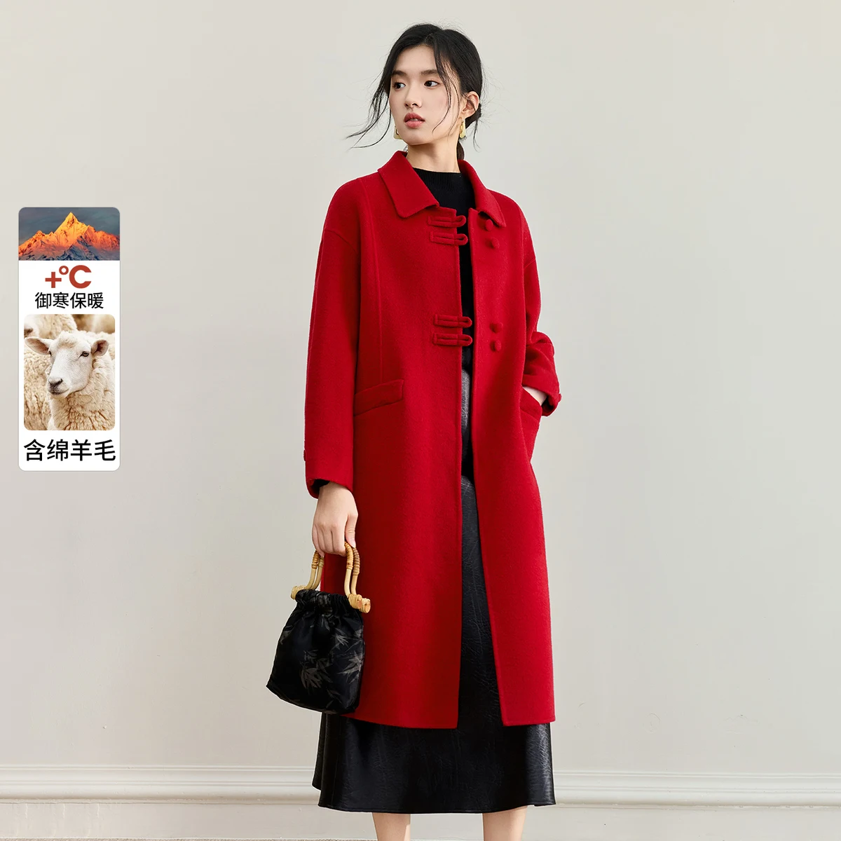 

SENTUBILA женское двустороннее шерстяное пальто 2025, зимнее пальто с отложным воротником и лягушкой на пуговицах, свободная теплая длинная верхняя одежда W54OC3440