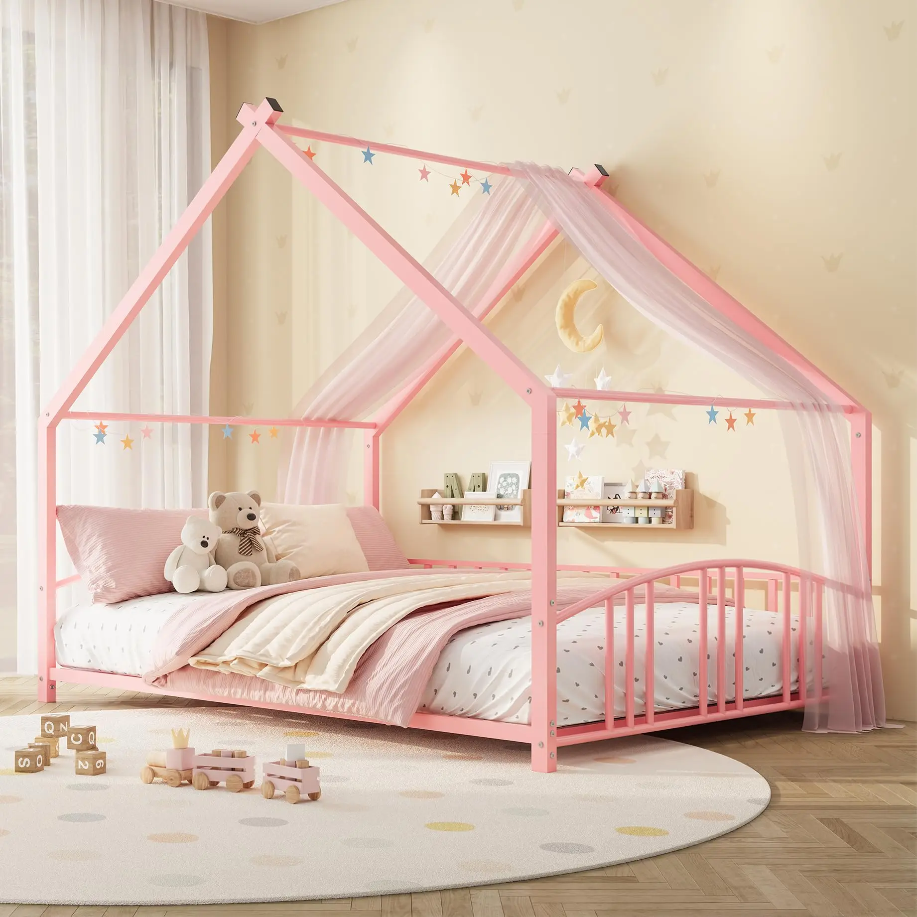 Arched Canopy Bed Frame Twin/Full Heavy Duty Metal Platform Bed with Dome Top Strong Steel Slat Support No Box Spring Needed Princess House Bed for Girls Kids Teens