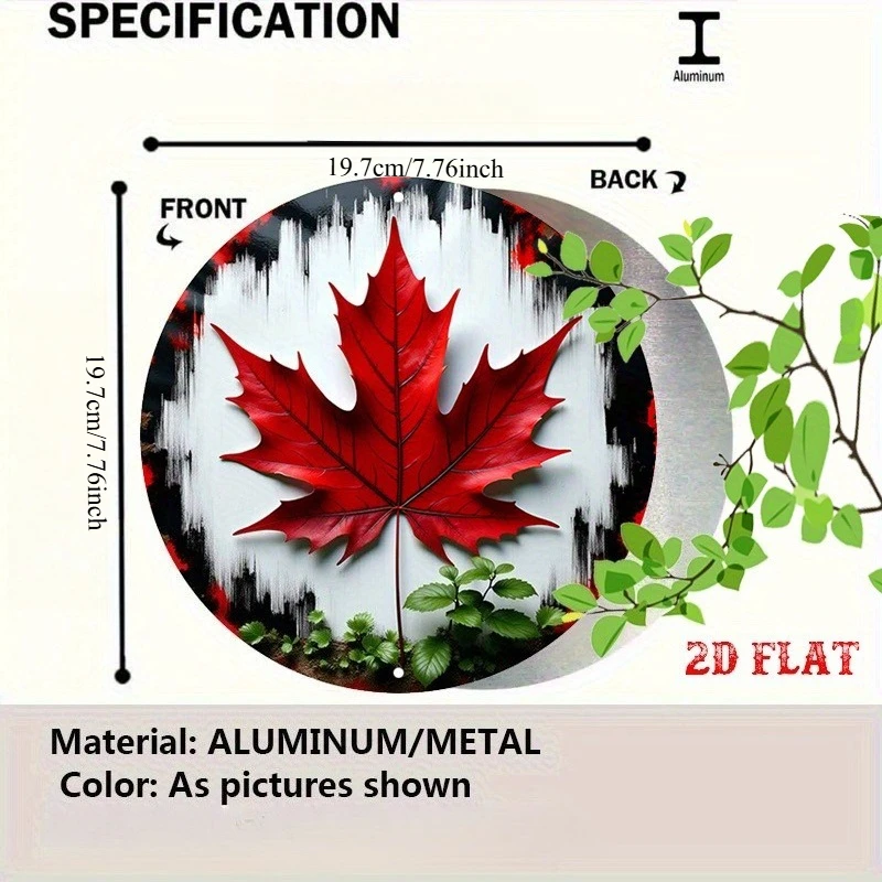 2D Flat, 1pc Vintage Round Aluminum Wall Art Sign - Bold Red Maple Leaf Rustic Metal Decor, Contrasting Design, Wall-Mounted