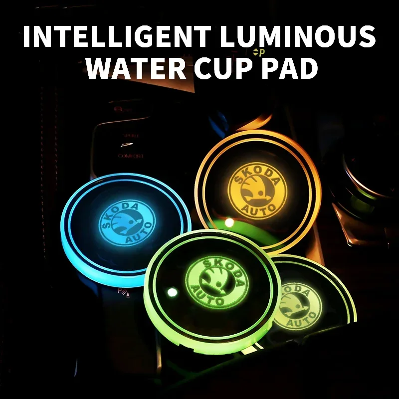 Colorful Universal LED Car Cup Holder RGB Light Mat Pad For Skoda S Kodiaq Octavia 2 3 Yeti Karoq Rapid Fabia VII A5 Accessories