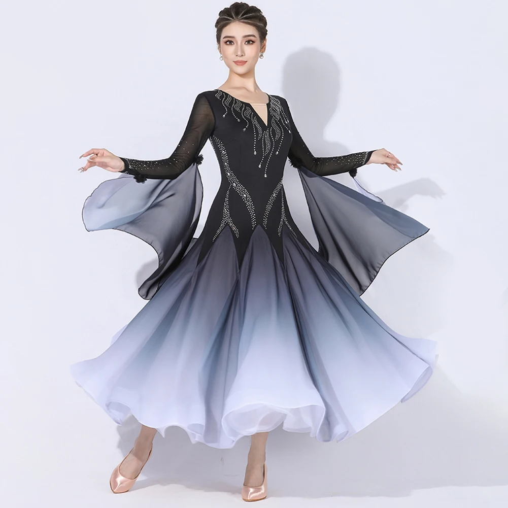 Spettacolo di costumi di scena Danza moderna da donna sfumata Nuovo abito da ballo standard Concorso a maniche lunghe Elegante nastro valzer