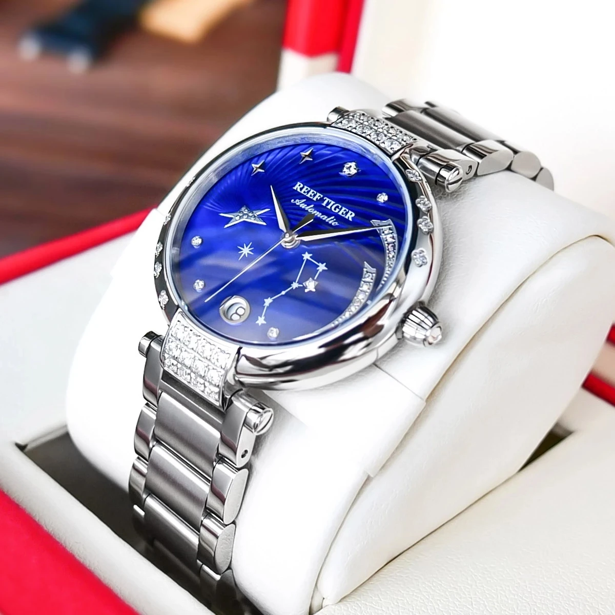 Reef Tiger/RT Top Brand Luxury Women Watch Ceramic Bracelet Diamond Automatic Mechanical Watches Blue Dial Waterproof Clock