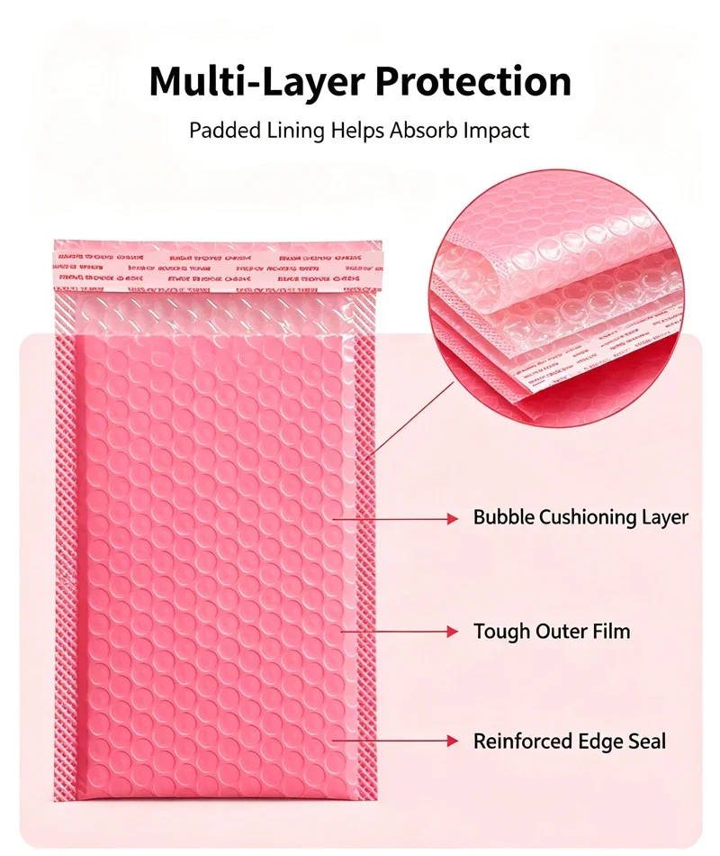 20 Stück rosa Luftpolsterumschläge, wasserdichte Schaumstoff-Luftpolstertaschen, Express-Versandumschläge, selbstklebende Verpackungstaschen, Organizer – Detail 5