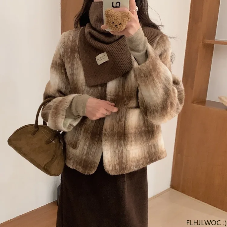 Cute Short Coat Outerwear Retro Vintage Preppy Chic Korea Japan Style Girls Woolen Wool Blends Plaid Coats 2024 Winter Spring