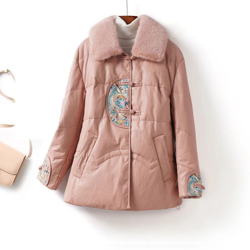 Women's New Chinese Style Vintage Embroidered Puffer Jacket Winter New Elegant Fur Collar Luxurious Fashion Down Outerwear