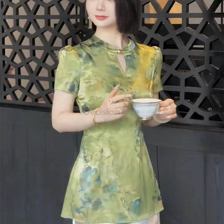 Summer Chinese Style Improved Women Cheongsam Blouse Green Printing Short Sleeve Shirt Casual Daily Lady Stand Collar Top