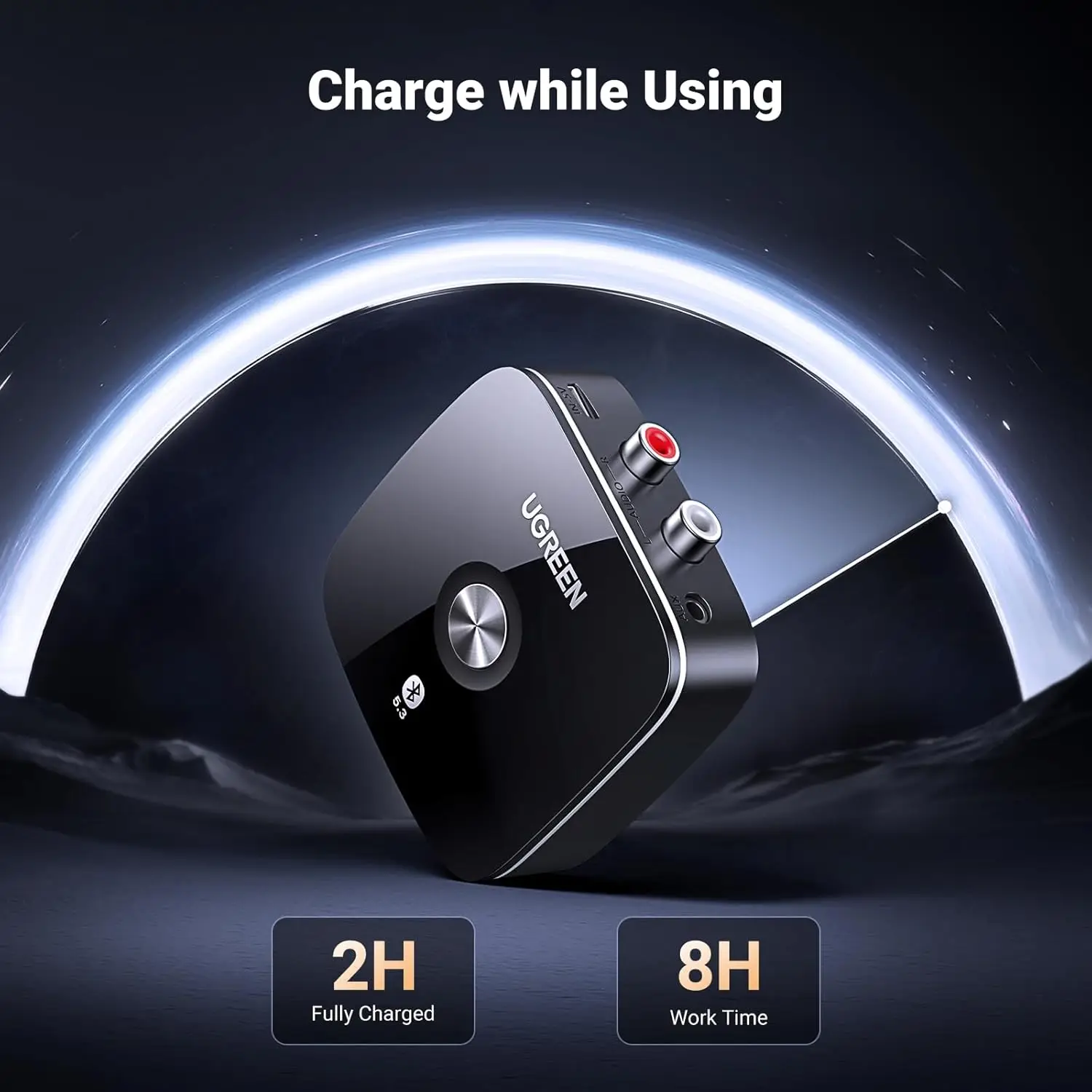 UGREEN 블루투스 AUX 어댑터 내장 배터리, 구형 스테레오용 듀얼 페어 블루투스 5.3 수신기 지원, 3.5mm/RCA 듀얼 채널