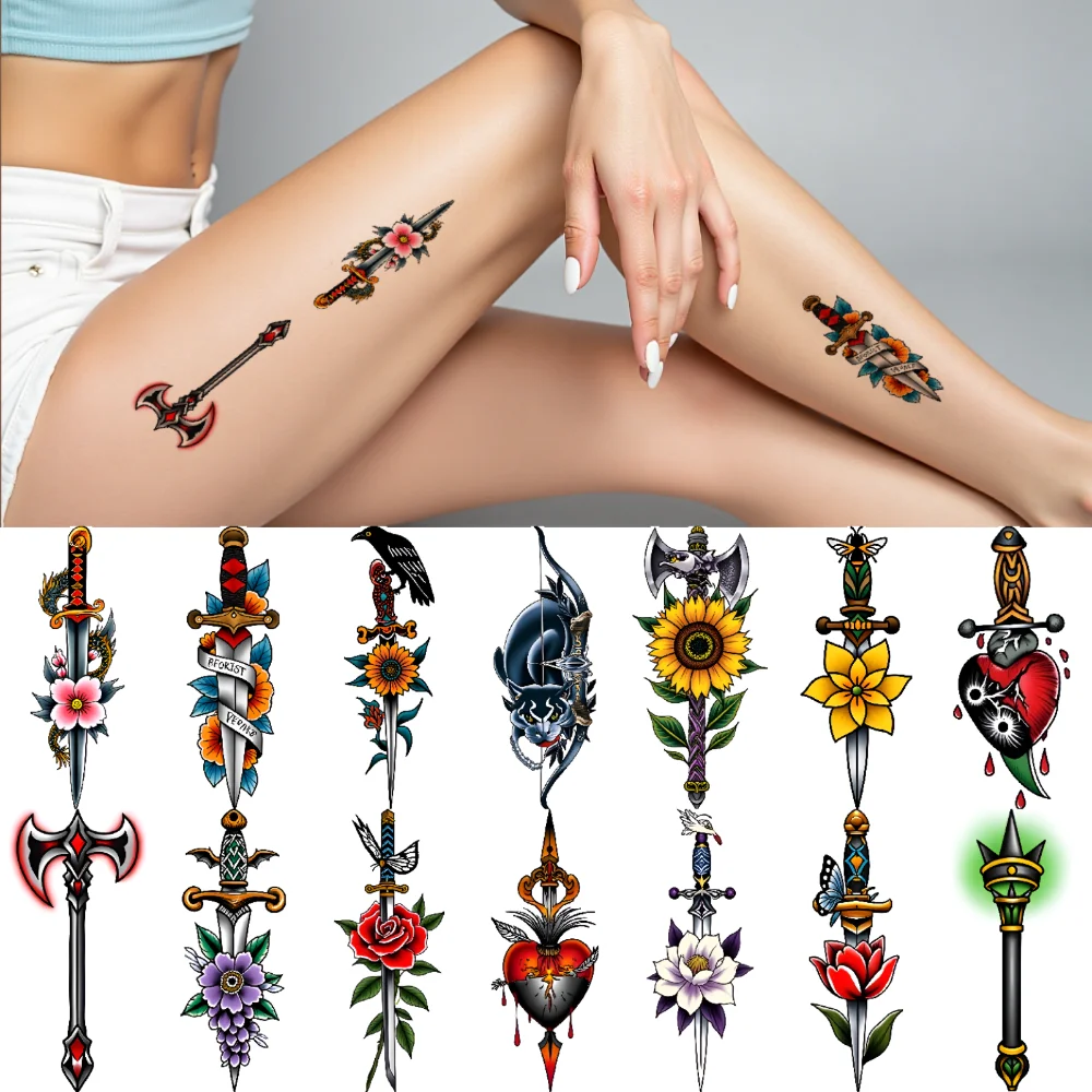 

9pcs Temporary Tattoo Flower Tattoos Waterproof Long-lasting Body Stickers Sword Tattoos Heart Tattoos For Chest Arms