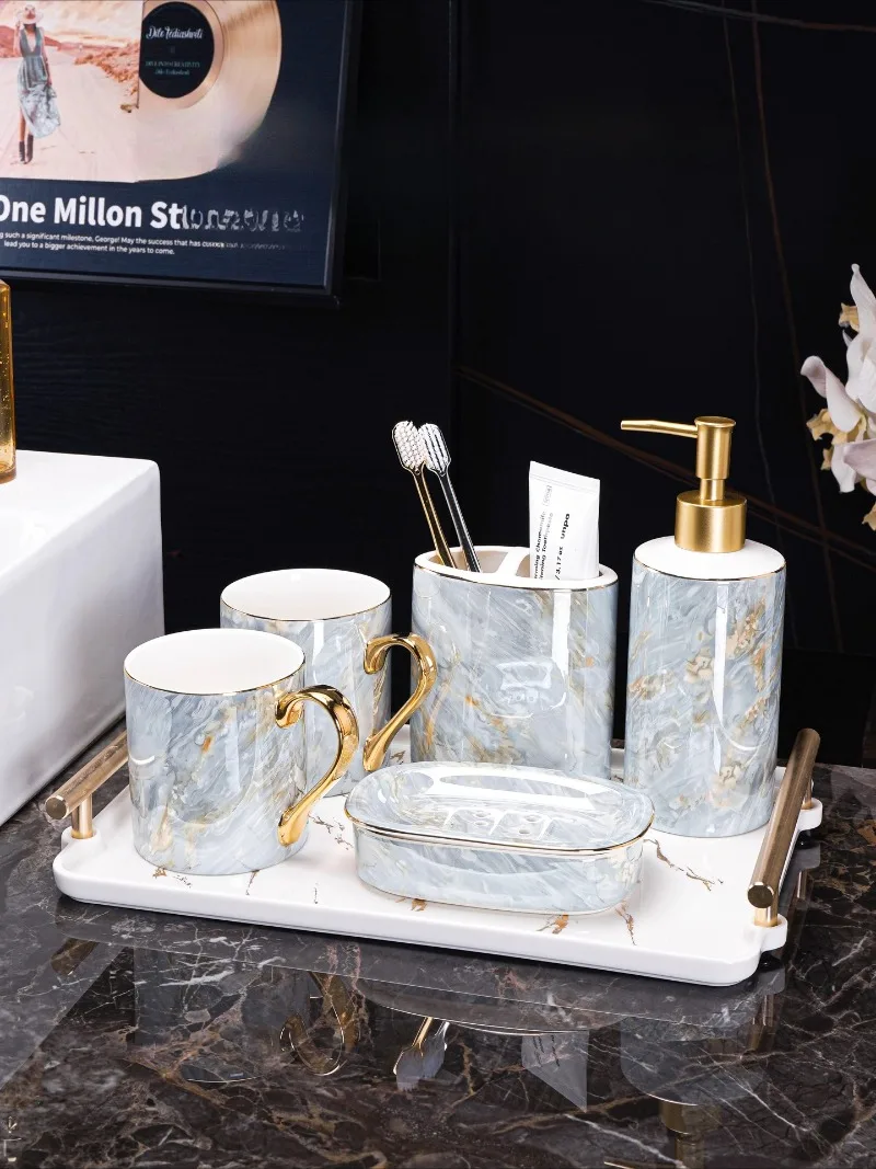 Creative Gold-Plated Marble Ceramic Toothbrush Cup Lotion Bottle Bathroom Accessories Shower Gel Dispenser Soap Dish Rinse Cup