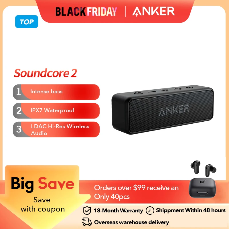 Anker Soundcore 2 Portable Wireless Bluetooth Speaker Better Bass 24-Hour Playtime 66ft Bluetooth Range IPX7 Water Resistance