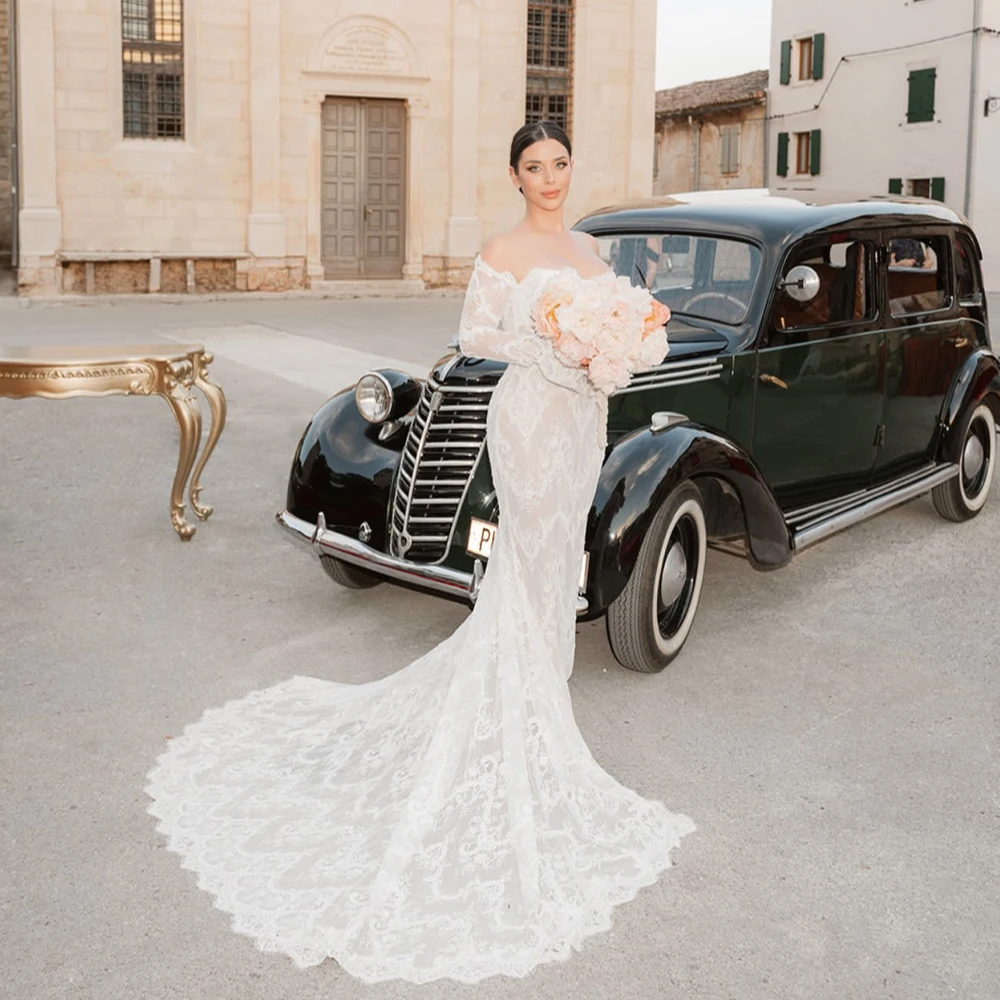 Mophiel Mermaid Wedding Dresses Long Sleeve Off Shoulder Lace Bride Dress Sweep Train Elegant Reception Bridal Gown Customized