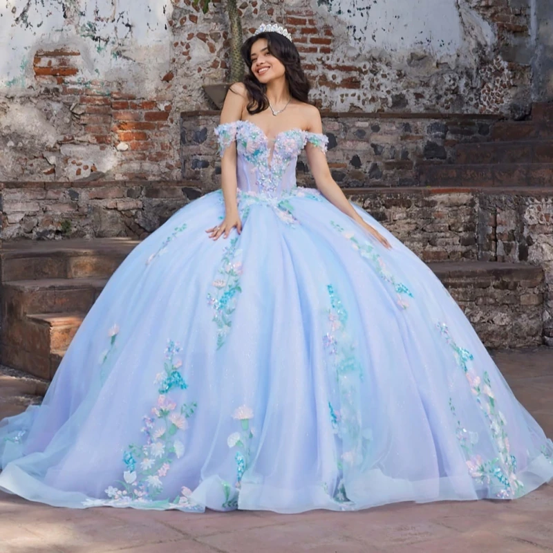 

Sky Blue Shiny Ball Gown Quinceanera Dresses Off The Shoulder Sequin Applique Lace Beads Tull Party Birthday Sweet 16 Dress Vest
