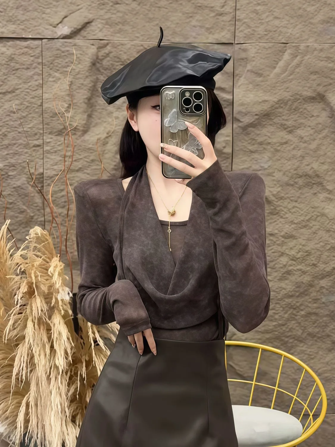 

ay Brown Fake Two-Piece Top Ne Hanging Design Light Maturi Sle Women's irt Casual Slim Fit Long Sve Ciwalk