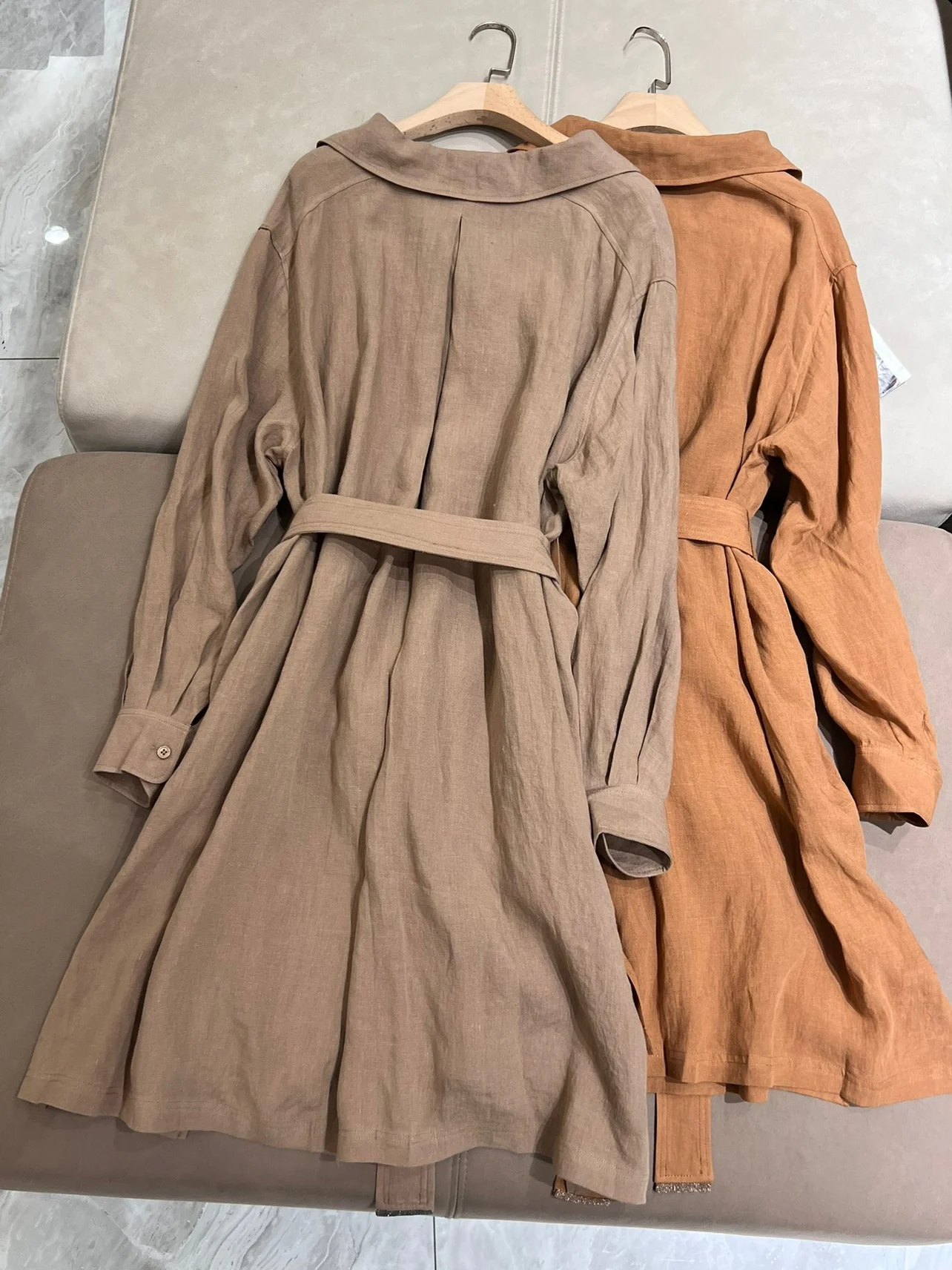 Spring casual loose long sleeve belted linen dress