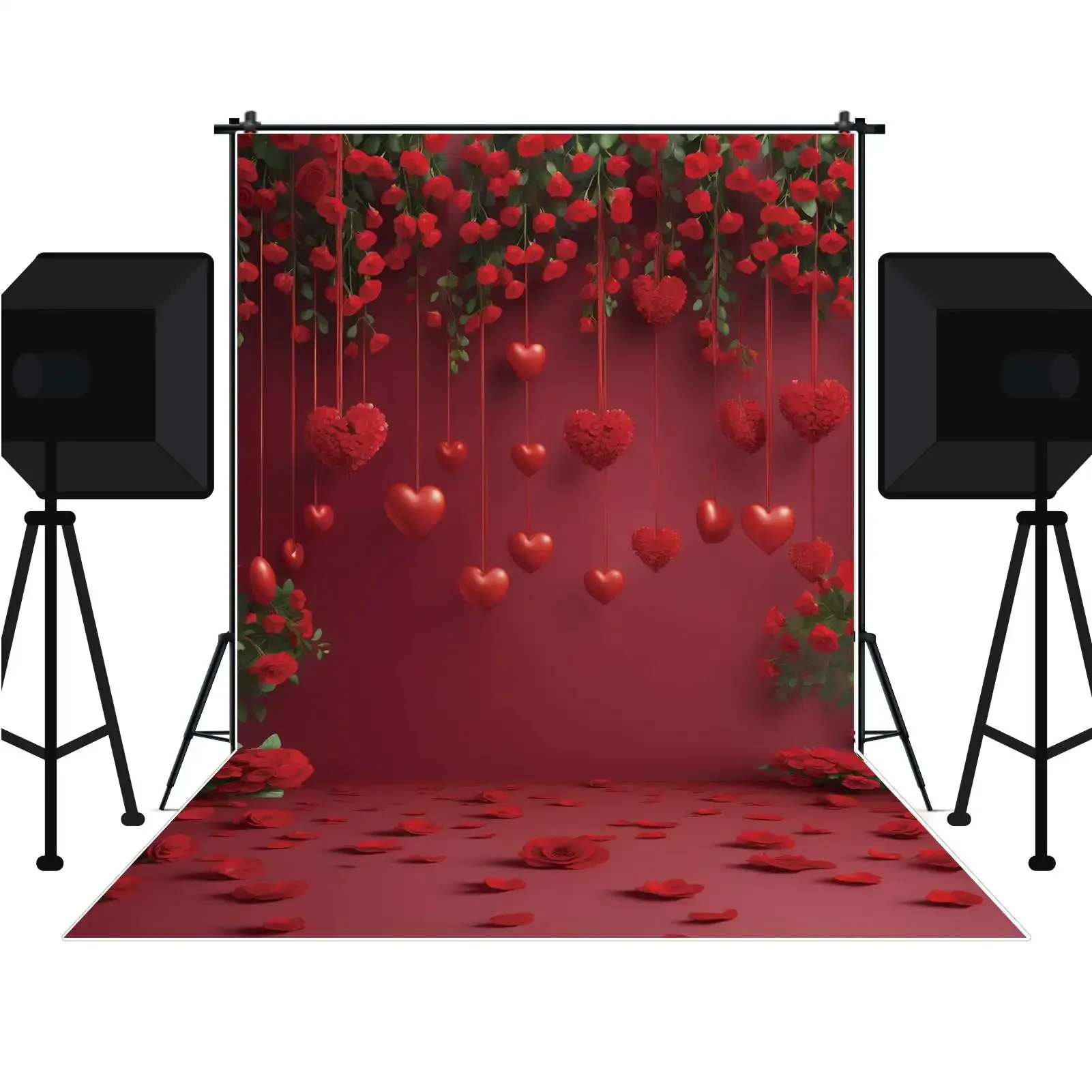 MOON.QG Valentines Day February 14 Lover Backdrop Hanging Red Heart Rose Flowers Photo Studio Background Party Decorations