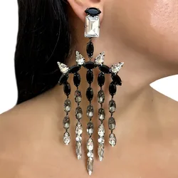 Luxury Design Exaggerate Tassel Earrings Dangle Wedding Accessories Fashion Gradient Black Large Rhinestone Earrings for Women