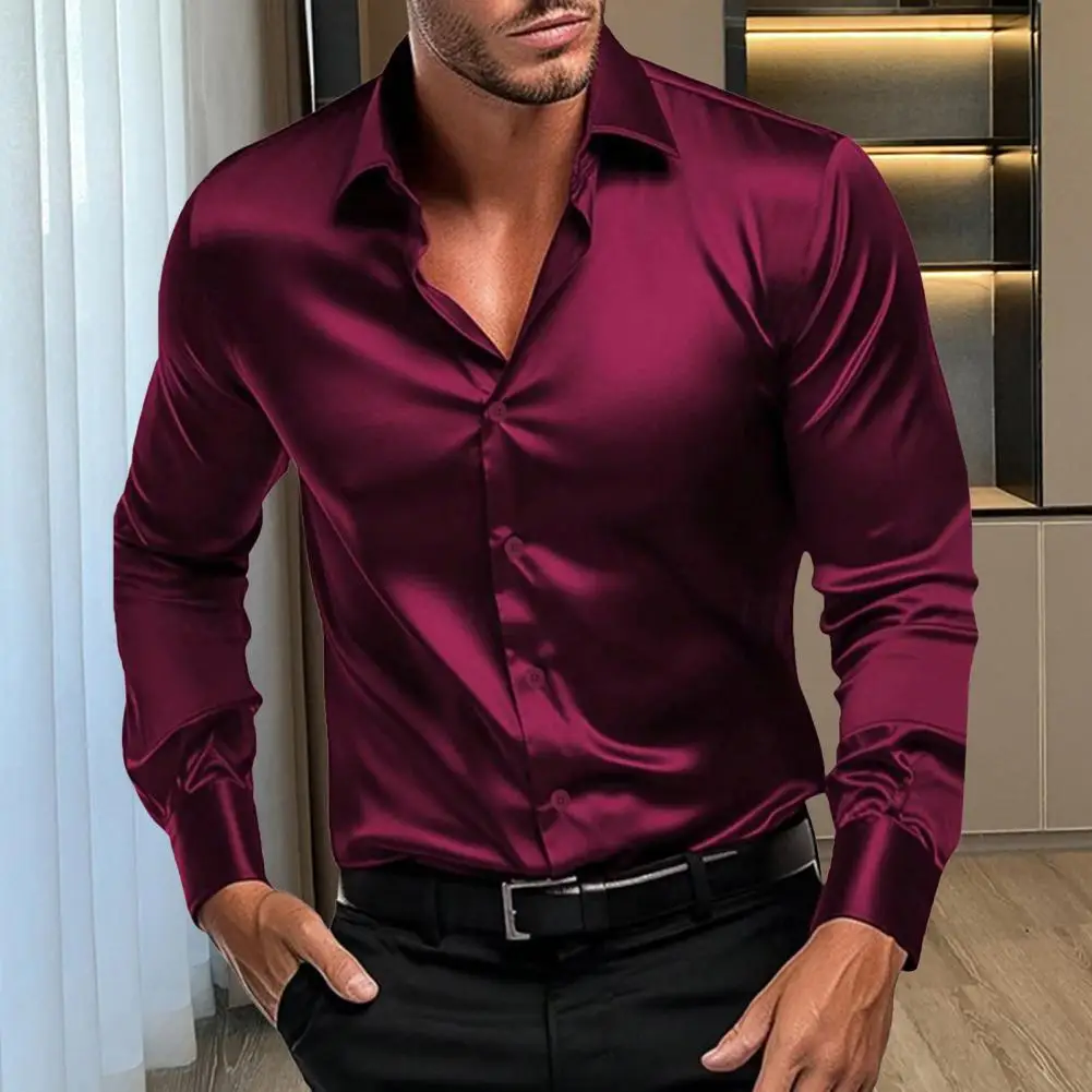 Fall Spring Men Shirt Button-down Turn-down Collar Cardigan Long Sleeves Satin Mid Length Casual Daily Wear Office Business Top