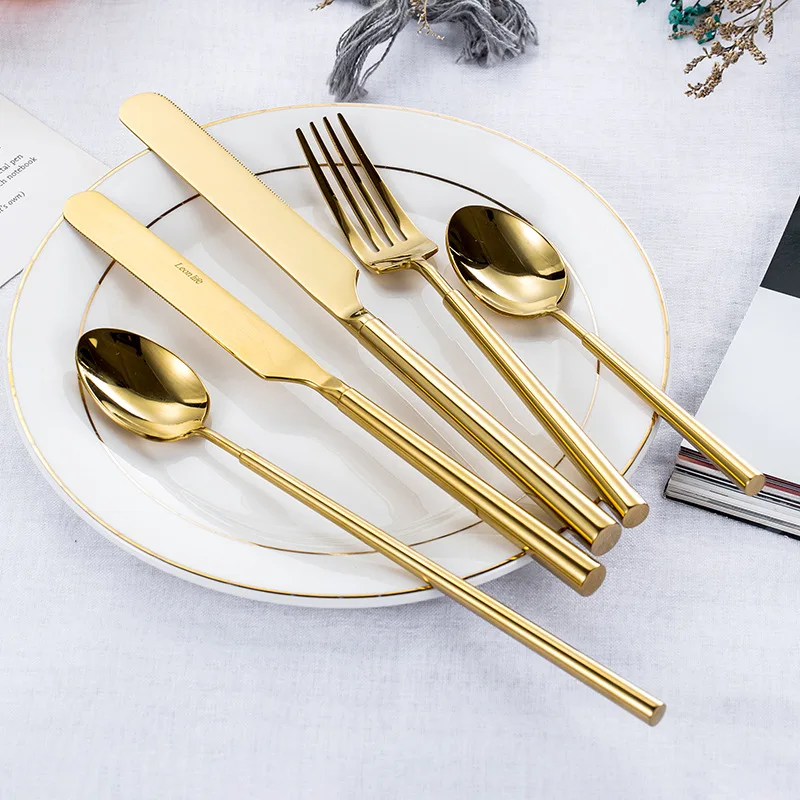 18/10 Cutlery Set Stainless Steel Steak Knife Fork Bamboo Design Golden Dinnerware Set Silver Flatware Set For 6