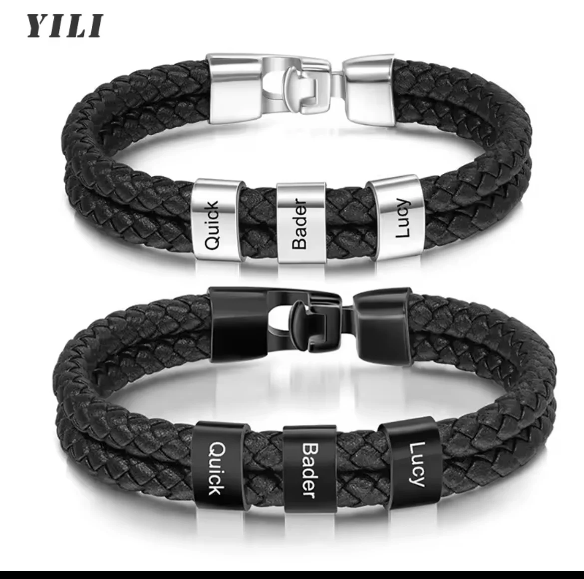 Personalized Mens Leather Bracelet with Beads Bracelets for Men Custom Name Engraved Bracelet for Family With Black Gift Box