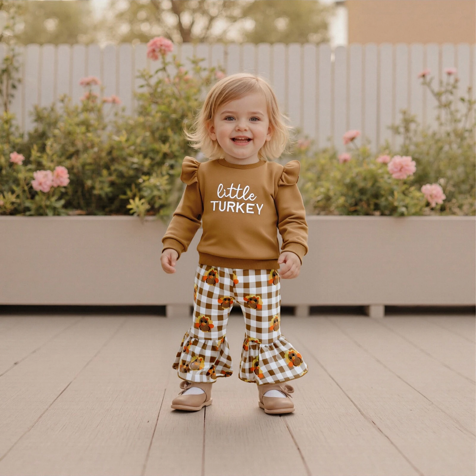 أطقم ملابس لعيد الشكر للفتيات الصغيرات من عمر 1 إلى 5 سنوات من FOCUSNORM سترة بأكمام طويلة مطبوعة بحروف وسراويل منقوشة تركيا مضيئة #2