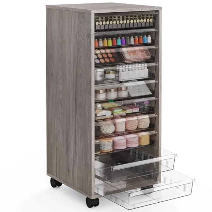 

Мобильный шкаф для хранения с 10 большими прозрачными ящиками, серый деревянный передвижной тележка-органайзер на колесиках для косметики, художественных принадлежностей, канцелярских товаров