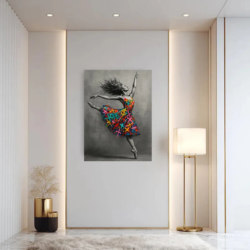 Graceful Ballerina Dance Pose Poster Prints, Colorful Graffiti Dress Canvas Wall Art, Black and White Wall Art Home Decoration