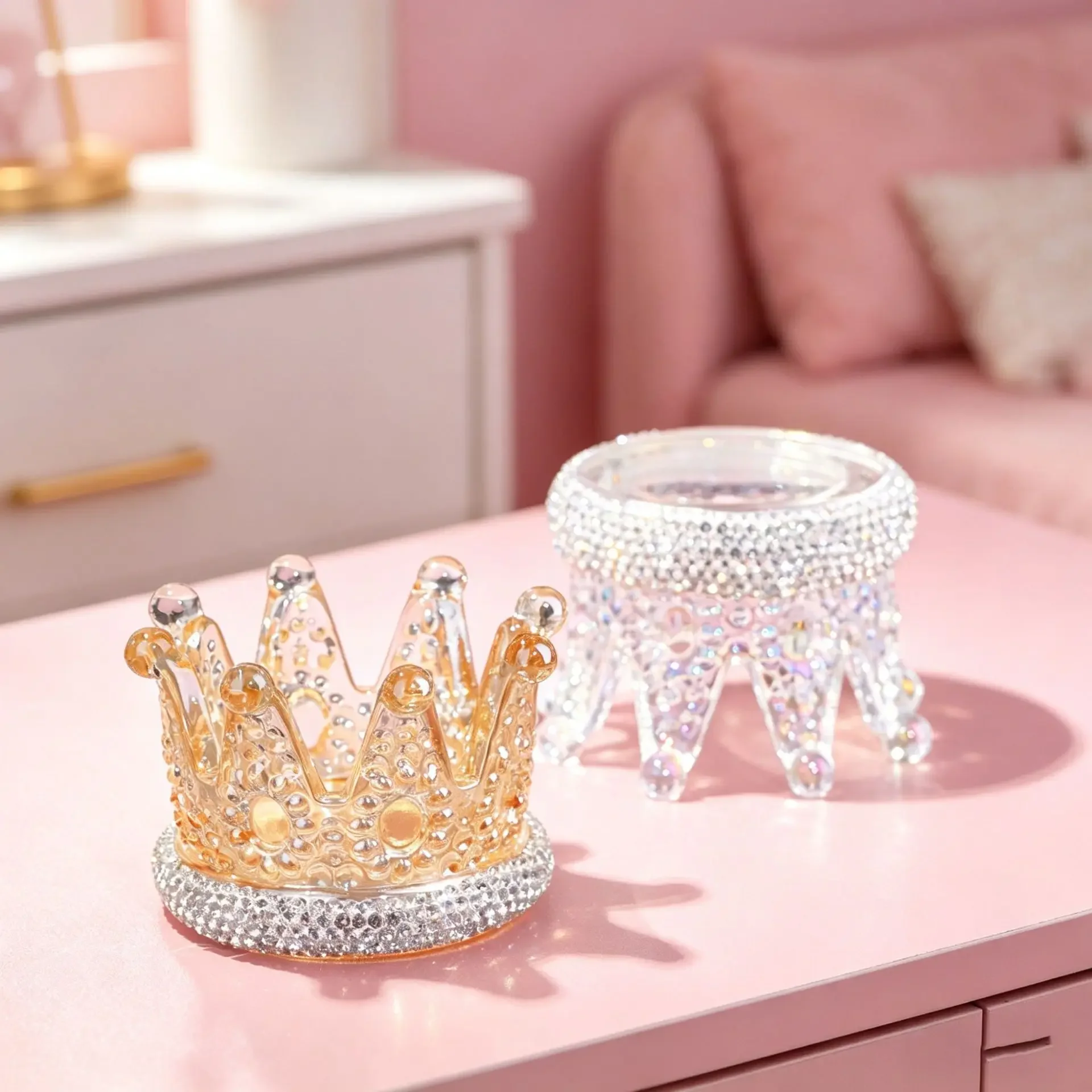 Sparkling Diamond Glass Crown Candle Holder Transparent Ashtray Home Decor Creative Table Centerpiece for Wedding Party