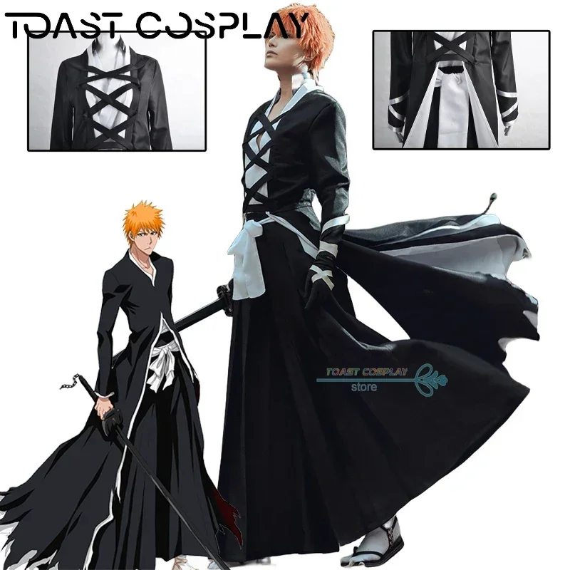 Anime Bleach  Cosplay Costumes Kurosaki Ichigo Handsome Cool Black Role Play Robe Clothing for Men and Women Cosplay