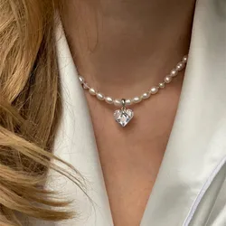 Boho Vintage Transparent Heart-shaped Crystal Pendant Necklace For Women Female Fashion Artificial Pearl Chain Choker Jewelry