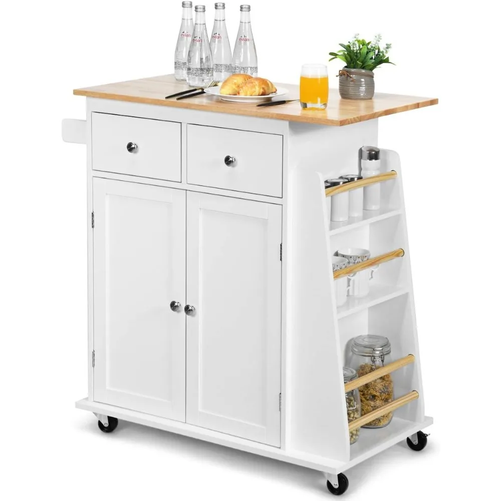 

Kitchen Island Cart, with Storage Cabinet, Towel Handle, 2 Drawers, Side Spice Rack and Wine Bottle Rack, Kitchen Cart on Wheels