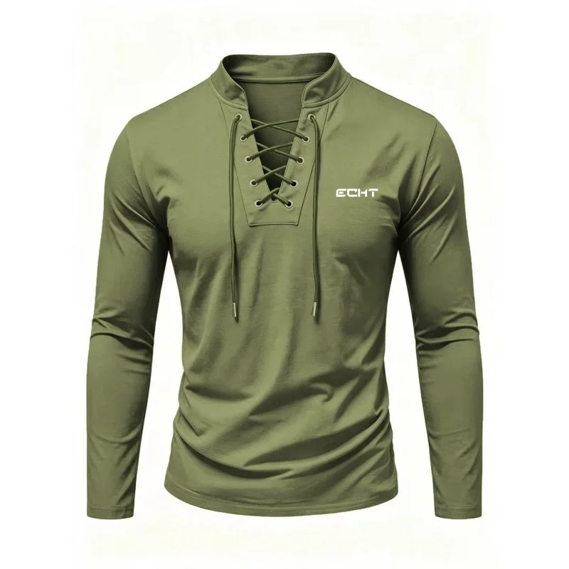 2026 Cross-border Foreign Trade Autumn Men's Retro Stand-up Collar Tie-front Leisure Printed Long-sleeve Henley Shirt New Style - view 5