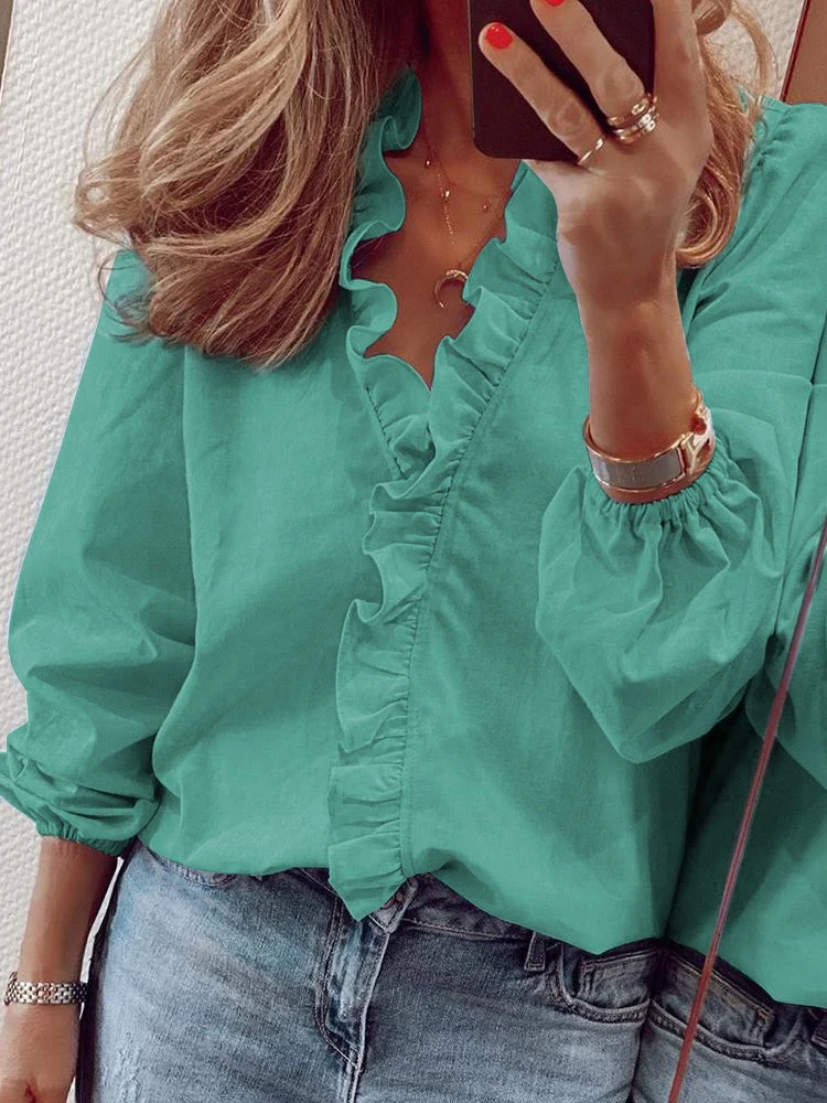 Casual Short Sleeve V Neck Ruffles Blouses Elegant Office Lady Shirts Summer Vintage Harajuku Loose Tops Female Boho Tunic