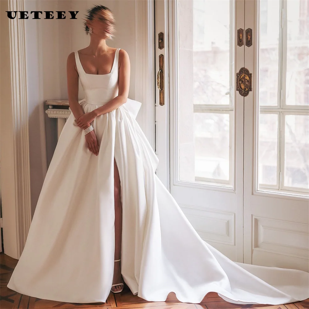 

UETEEY Customized Simple Square Neck Sleeveless Crepe Wedding Dress Big Bow A Line High Slit Zipper Back Court Train Bridal Gown