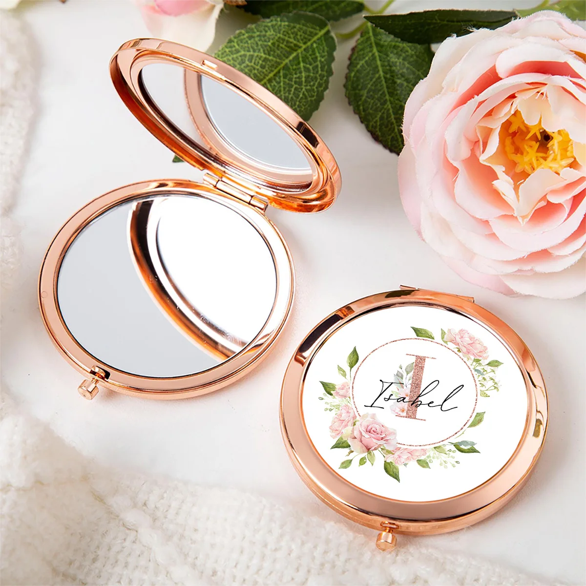Personalized customized name and letter folding makeup mirror, double-sided portable pocket mirror suitable for women
