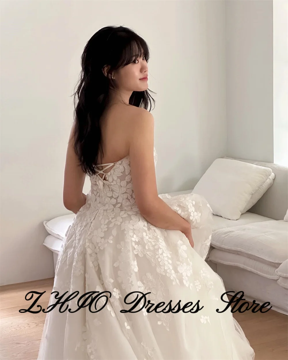 ZHIO Princess Lace Embroidery Dresses Gorgeous White Prom Dresses Soft Tulle For Korea Wedding Dress Photo Shoot Customized