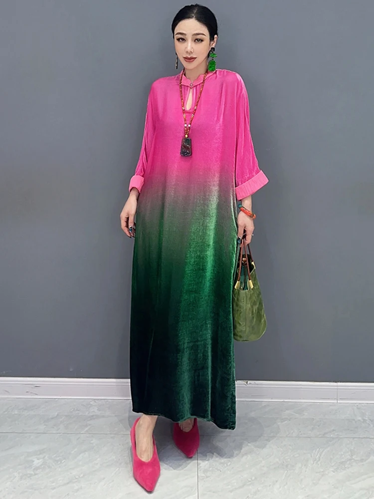 SHENGPALAE Gradient Color Velvet Dress For Women Elegance Loose Tie Dye Chic A-line Vestido Female Spring 2024 New Trendy 5R9027