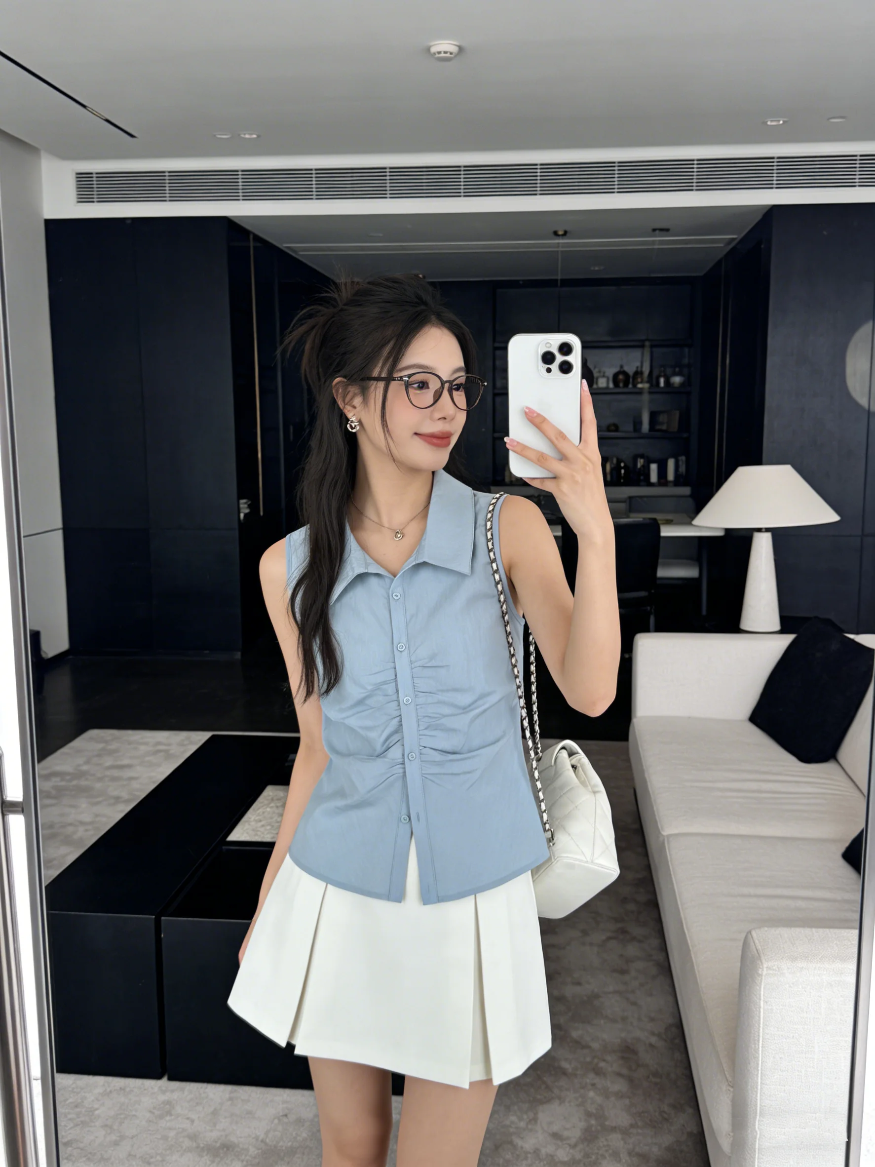 

Синяя плиссированная рубашка приталенного кроя в корейском стиле, летняя дышащая блузка с коротким рукавом для женщин, приятная к телу, в корейском стиле