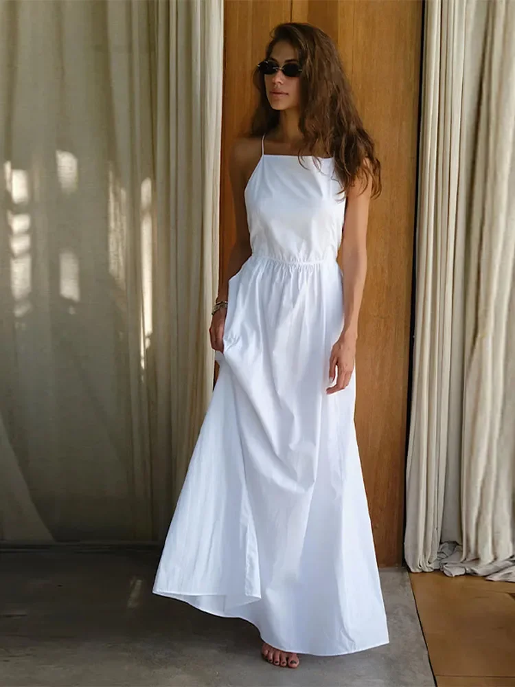 فستان نسائي أنيق بياقة مربعة وخصر متين بدون أكمام فستان طويل للسيدات موضة صيف 2025 رداء شاطئ جديد للسيدات #2