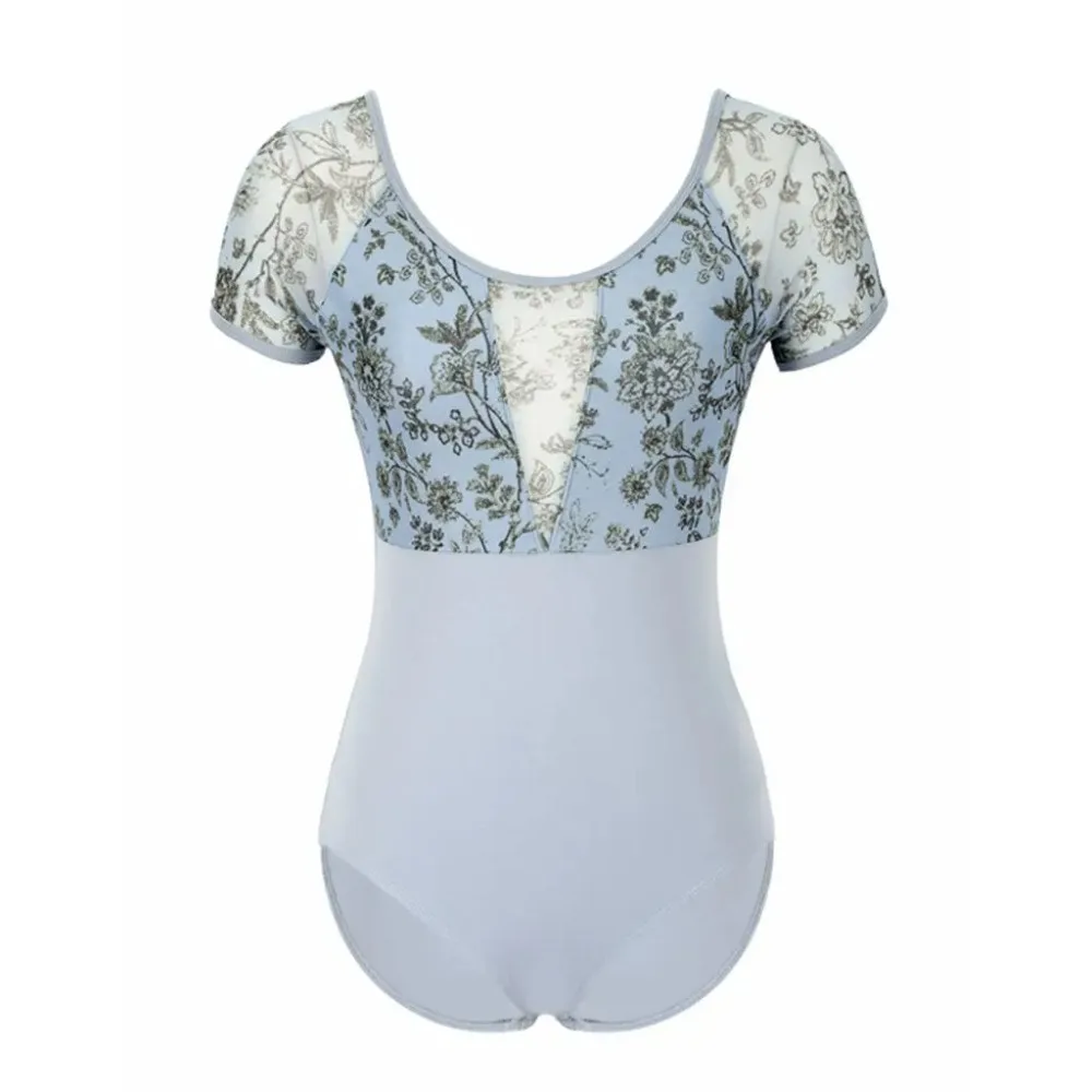 

Балетные трико для женщин с короткими рукавами и цветочным принтом, гимнастическое боди с открытой спиной и бюстгальтером, одежда для занятий йогой и танцами