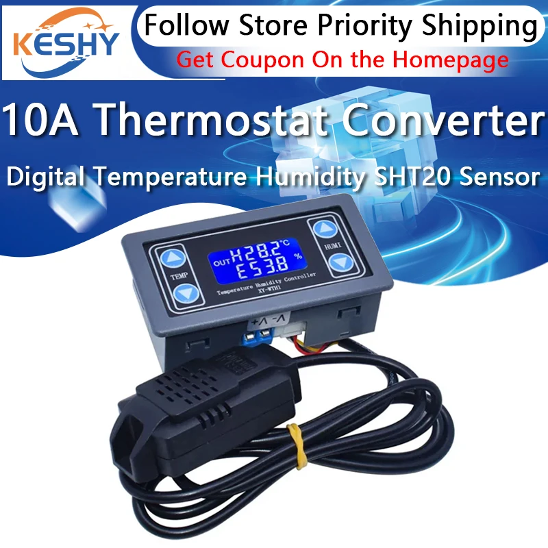 

10A Thermostat Digital Temperature Humidity Controller DC 6V-30V Thermal Regulator Thermocouple LCD Display SHT20 Sensor meter