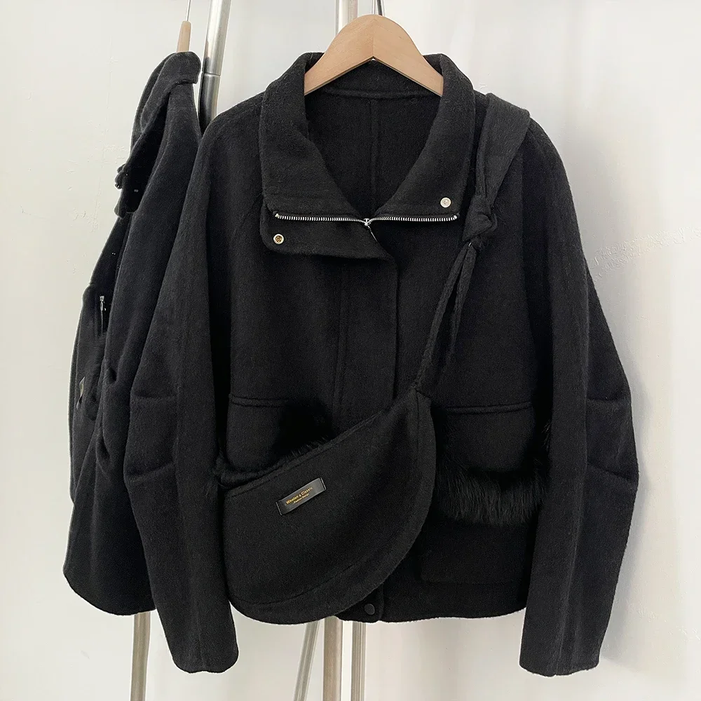 Vrouwen Echte Vos Bontjas Wollen Jas Rits Mode Casual Lange Mouwen Vrouwelijke Tas Herfst Lente Zakken Korte Wolmix Jas